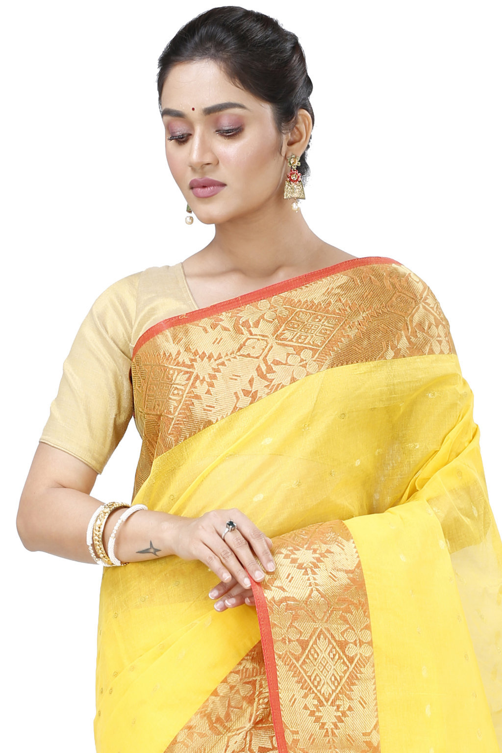 Yellow Pure Cotton Gopa Tant Saree (928)